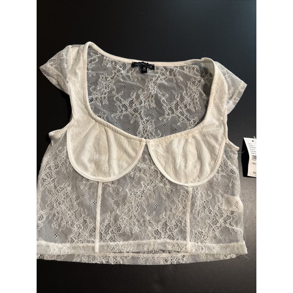 NEW Kendall & Kylie Crop Top Womens Med White Lace Cap Sleeve Stretch Coquette